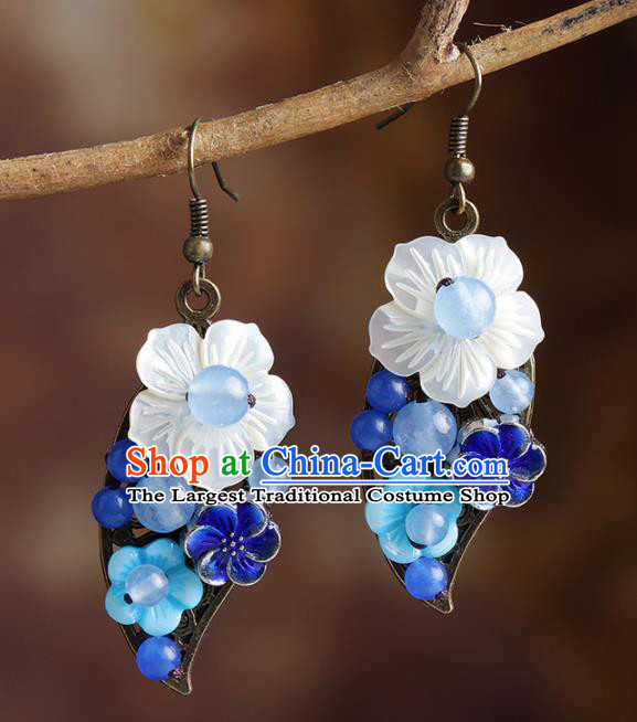 Chinese Traditional Ear Jewelry Accessories National Hanfu Classical Blueing Shell Flower Earrings for Women