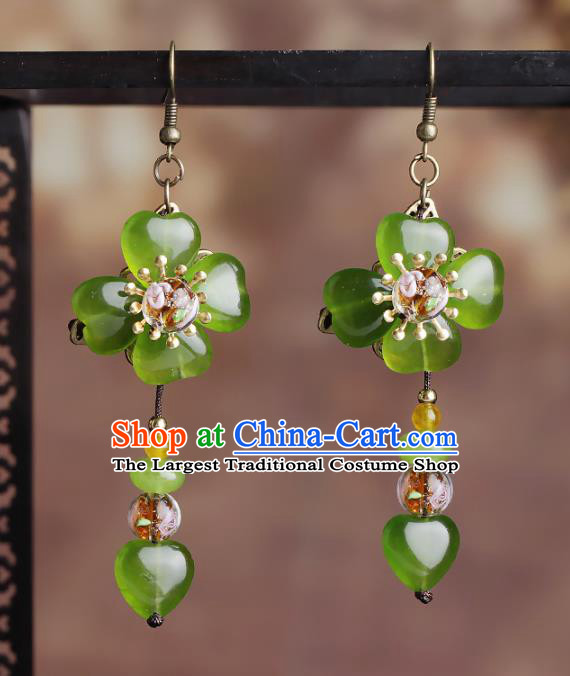 Chinese National Hanfu Classical Green Flower Tassel Earrings Traditional Ear Jewelry Accessories for Women