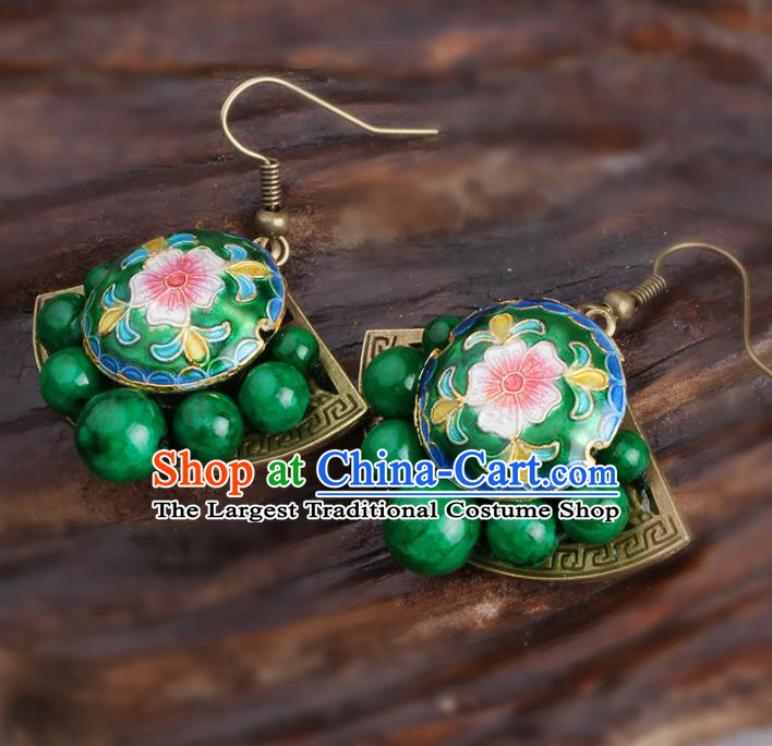 Chinese Yunnan National Cloisonne Green Earrings Traditional Classical Hanfu Ear Jewelry Accessories for Women