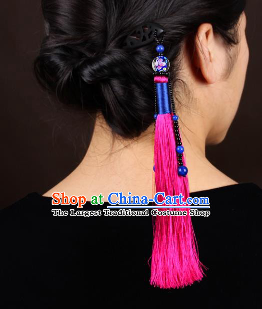 Chinese Traditional Hair Accessories Rosy Tassel Hair Clip National Hanfu Wood Hairpins for Women
