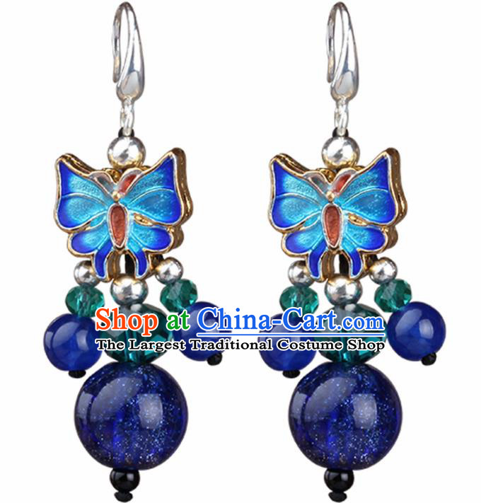 Chinese Yunnan National Classical Blueing Butterfly Earrings Traditional Ear Jewelry Accessories for Women