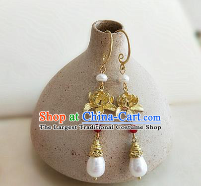 Chinese Ancient Handmade Lotus Pearls Earrings Traditional Classical Hanfu Ear Jewelry Accessories for Women