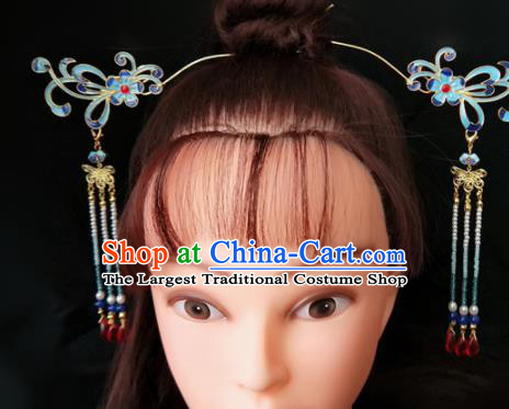 Chinese Ancient Traditional Hanfu Tassel Step Shake Blueing Hairpins Handmade Classical Hair Accessories for Women