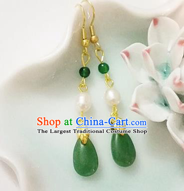 Chinese Ancient Handmade Green Agate Pearl Earrings Traditional Classical Hanfu Ear Jewelry Accessories for Women