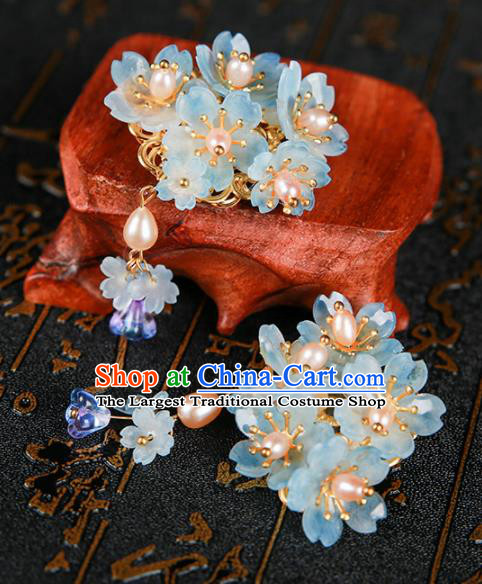 Chinese Ancient Traditional Hanfu Blue Flowers Hair Claws Handmade Classical Hair Accessories for Women