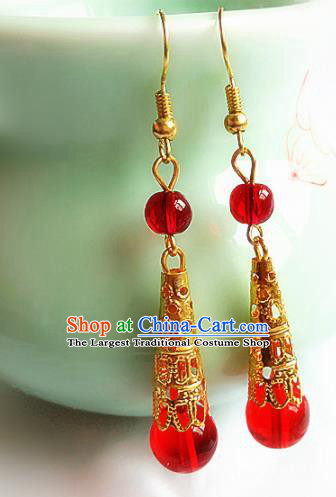 Chinese Ancient Handmade Red Beads Earrings Traditional Classical Hanfu Ear Jewelry Accessories for Women