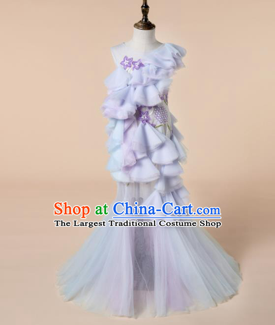 Children Princess Catwalks Costume Girls Compere Modern Dance Purple Veil Full Dress for Kids
