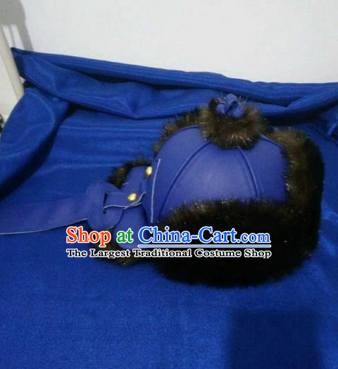 Traditional Chinese Mongol Nationality Hats Mongols Folk Dance Blue Leather Hat for Men