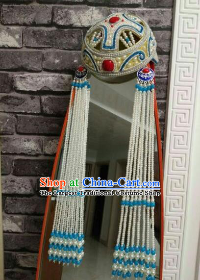 Traditional Chinese Mongol Nationality Princess Hats Mongols Bride Folk Dance Blue Beads Tassel Hat for Women