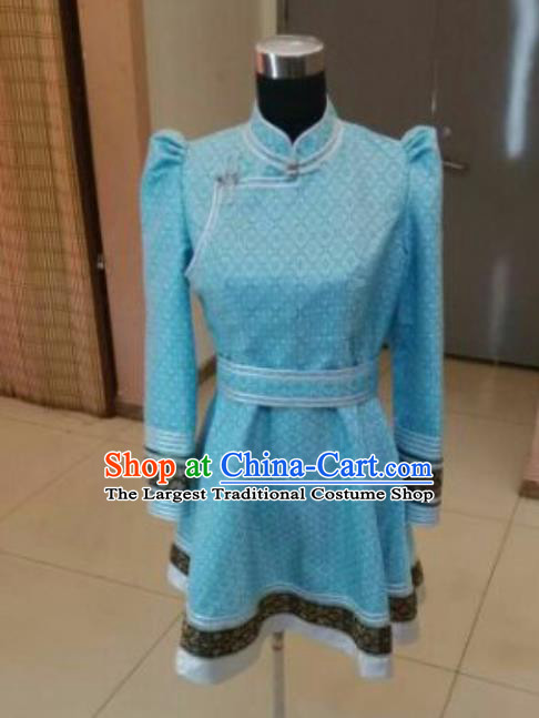 Traditional Chinese Mongol Nationality Folk Dance Costumes Mongolian Ethnic Female Blue Dress for Women