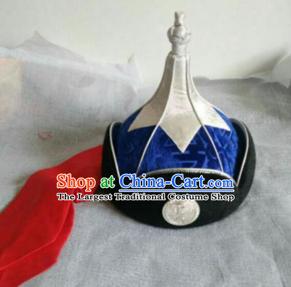 Traditional Chinese Mongol Nationality Folk Dance Hats Mongols Ethnic Royal Highness Blue Hat for Men