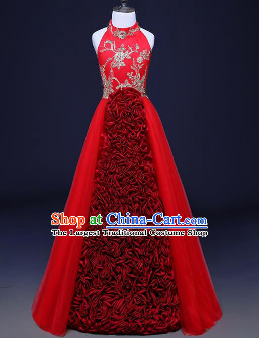 Chinese Children Catwalks Costume Girls Compere Modern Dance Red Veil Full Dress for Kids