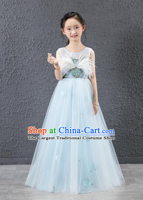 Children Stage Performance Catwalks Costume Compere Princess Blue Veil Full Dress for Girls Kids
