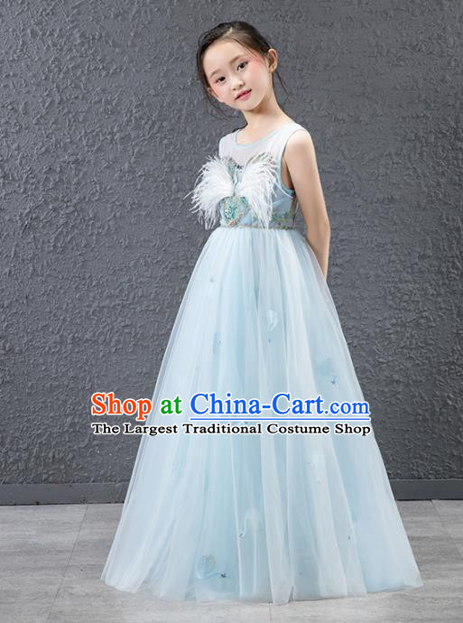 Children Stage Performance Catwalks Costume Compere Princess Blue Veil Full Dress for Girls Kids