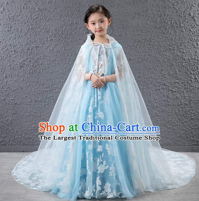 Children Catwalks Princess Costume Compere Stage Performance Blue Trailing Full Dress for Girls Kids