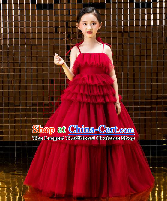 Children Catwalks Costume Stage Performance Compere Modern Dance Red Veil Full Dress for Girls Kids