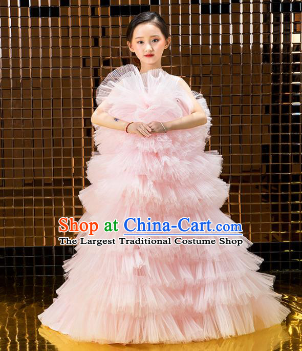 Children Catwalks Princess Costume Stage Performance Compere Modern Dance Pink Veil Full Dress for Girls Kids