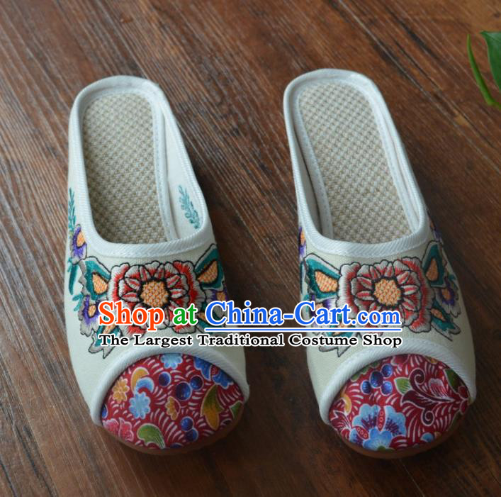 Chinese Traditional Hanfu Shoes Ancient Princess Shoes Embroidered White Linen Slippers for Women