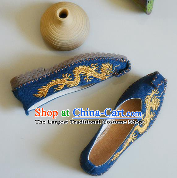Chinese Traditional National Embroidered Dragons Navy Linen Shoes Martial Arts Shoes Ancient Monk Shoes for Men