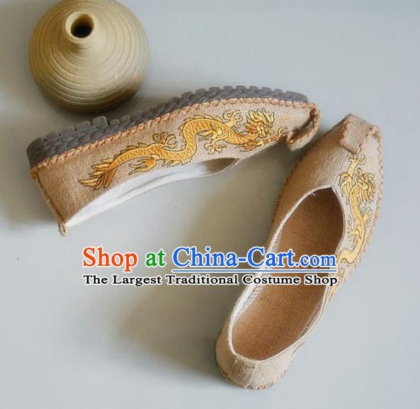 Chinese Traditional National Embroidered Dragons Beige Linen Shoes Martial Arts Shoes Ancient Monk Shoes for Men