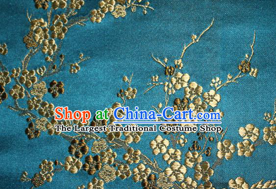 Asian Chinese Tang Suit Silk Fabric Peacock Blue Brocade Traditional Plum Blossom Pattern Design Satin Material