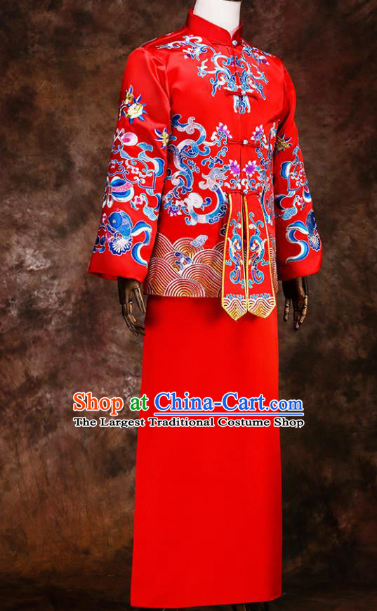 Chinese Traditional Wedding Costumes Red Mandarin Jacket Long Robe Ancient Bridegroom Tang Suit for Men