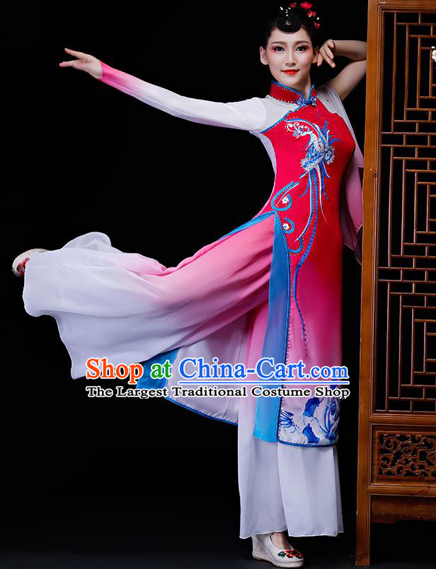 Chinese Traditional Classical Dance Costumes Umbrella Dance Group Dance Rosy Dress for Women