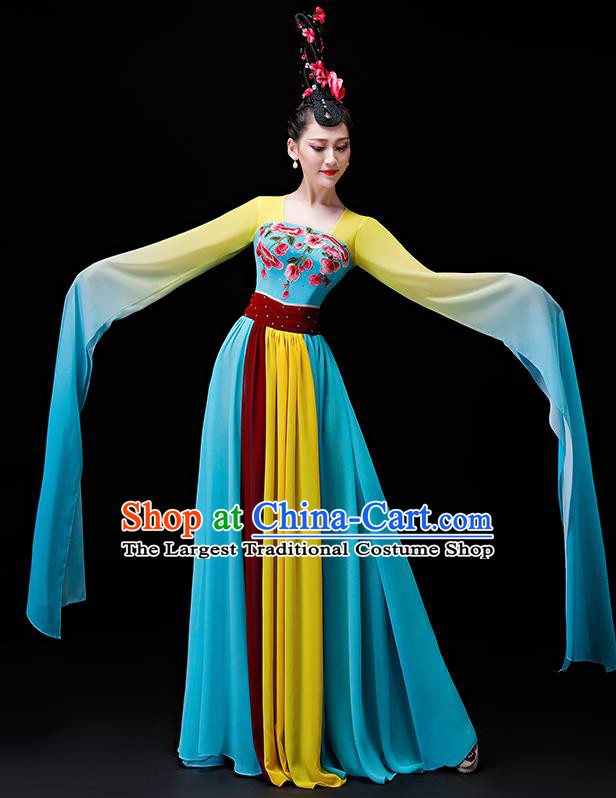 Chinese Traditional Classical Dance Costumes Umbrella Dance Group Dance Blue Water Sleeve Dress for Women