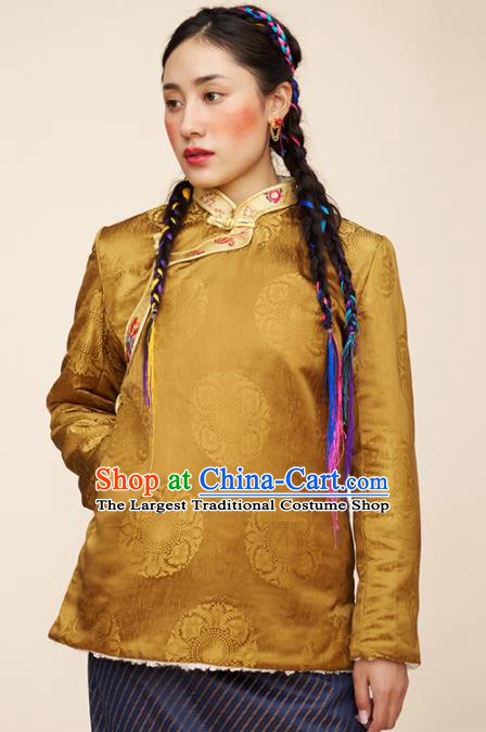 Traditional Chinese Zang Nationality Dance Costumes Ethnic Folk Dance Tibetan Golden Jacket for Women