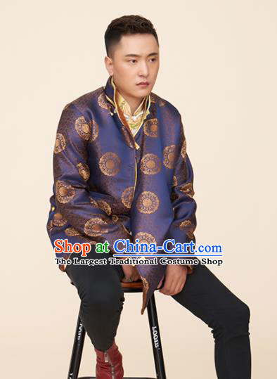 Traditional Chinese Zang Nationality Dance Costumes Tibetan Folk Dance Ethnic Blue Coat for Men