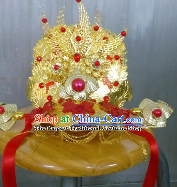 Chinese Ancient Bride Wedding Golden Phoenix Coronet Hair Accessories Tang Dynasty Empress Headwear for Women