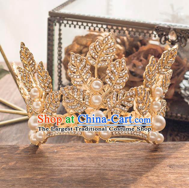 Top Grade Handmade Wedding Hair Accessories Bride Golden Leaf Royal Crown Headwear for Women