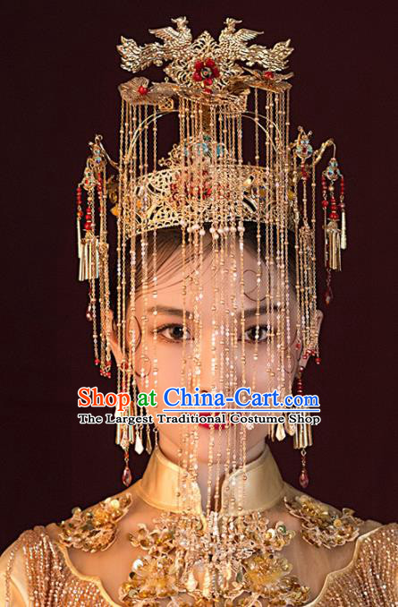 Chinese Ancient Wedding Hair Accessories Luxury Golden Phoenix Coronet Bride Hairpins Headwear for Women