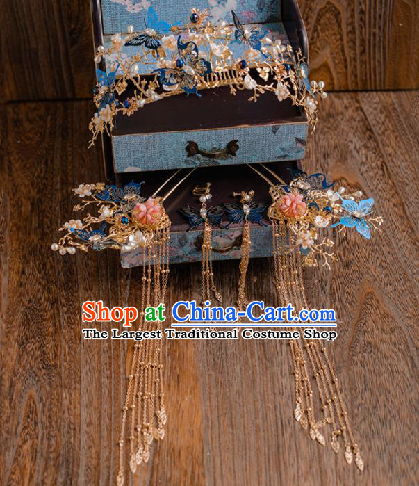 Chinese Ancient Wedding Hair Accessories Bride Blue Butterfly Phoenix Coronet Tassel Hairpins Headwear for Women
