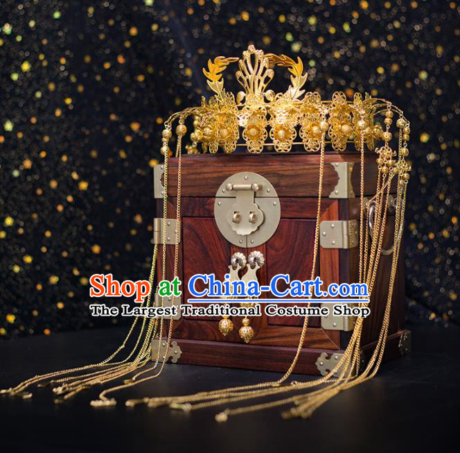 Chinese Ancient Palace Bride Hair Accessories Wedding Golden Phoenix Coronet Hairpins Headwear for Women