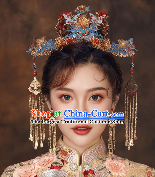 Chinese Ancient Palace Bride Hair Accessories Wedding Blueing Butterfly Phoenix Coronet Hairpins Headwear for Women
