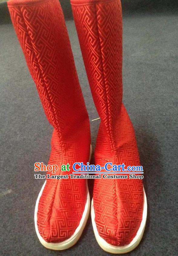 Chinese Traditional Shoes Ancient Emperor Beijing Opera Red Boots Hanfu Satin Boots for Men