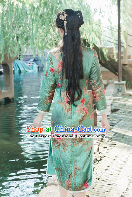 Chinese Traditional Costumes National Qipao Dress Mink Wool Green Cheongsam for Women