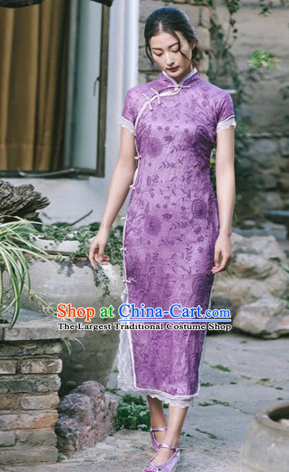 Chinese Traditional Costumes National Tang Suit Purple Qipao Dress Classical Cheongsam for Women