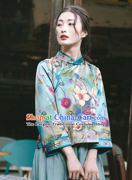 Chinese Traditional Costumes National Tang Suit Printing Green Silk Blouse Qipao Upper Outer Garment for Women