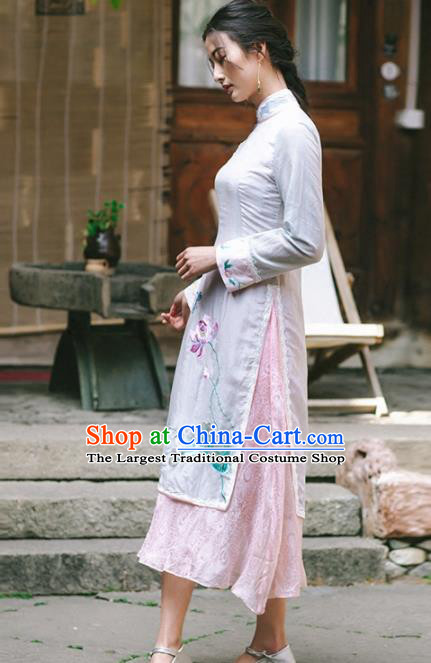 Chinese Traditional Costumes National Embroidered Lotus Qipao Dress Tang Suit Cheongsam for Women