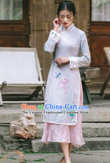Chinese Traditional Costumes National Embroidered Lotus Qipao Dress Tang Suit Cheongsam for Women