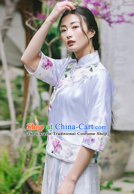 Chinese Traditional Costumes National Tang Suit White Silk Blouse Qipao Upper Outer Garment for Women