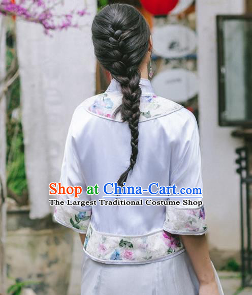 Chinese Traditional Costumes National Tang Suit White Silk Blouse Qipao Upper Outer Garment for Women
