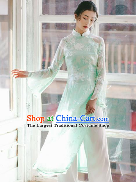 Chinese Traditional Costumes National Green Veil Qipao Dress Tang Suit Cheongsam for Women