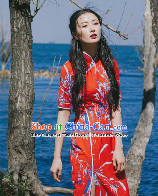 Chinese Traditional Costumes National Red Qipao Dress Tang Suit Cheongsam for Women