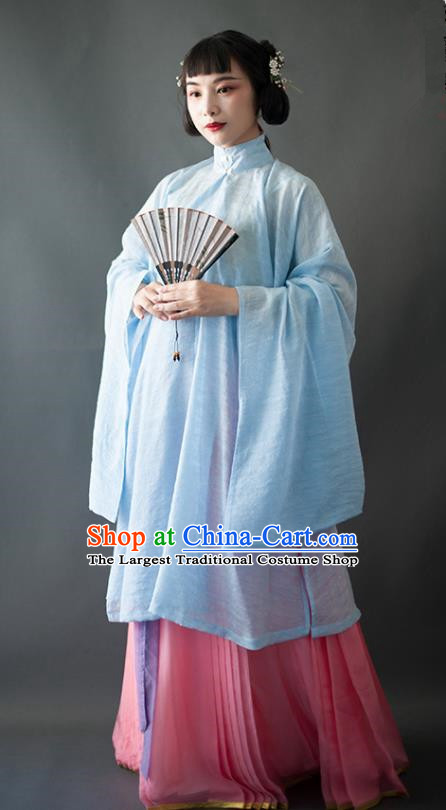 Chinese Traditional Ancient Ming Dynasty Historical Costumes Blue Blouse and Pink Skirt Complete Set for Women