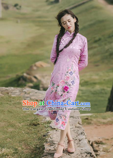 Chinese National Pink Silk Qipao Dress Traditional Costumes Tang Suit Cheongsam for Women