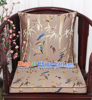 Chinese Classical Household Ornament Bamboo Pattern Khaki Brocade Back Cushion Cover and Armchair Mat