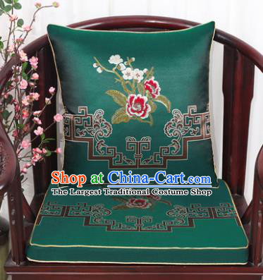 Chinese Classical Household Ornament Plum Blossom Peony Pattern Green Brocade Back Cushion Cover and Armchair Mat